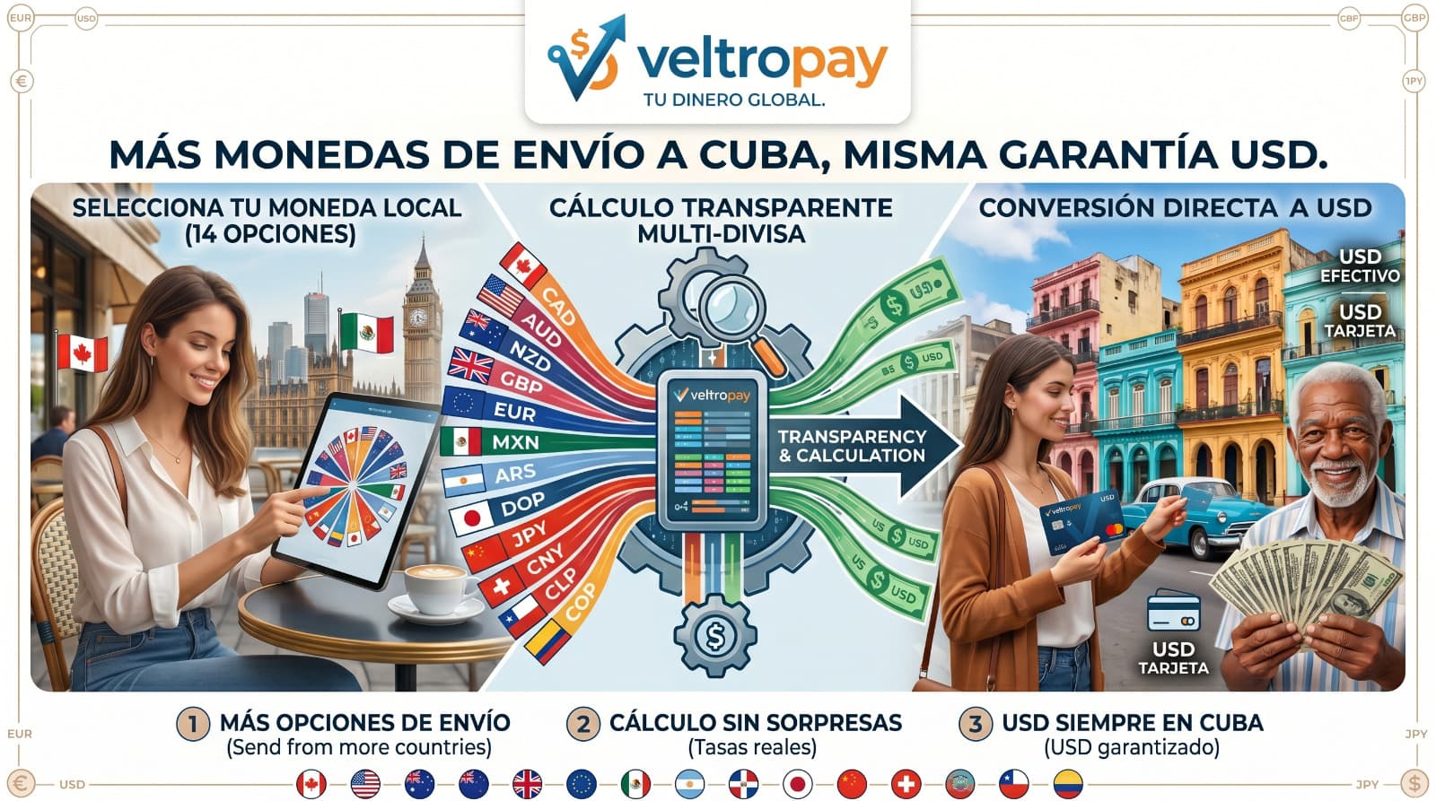 Veltropay se Globaliza: Ahora puedes tarificar tus envíos a Cuba en 14 nuevas monedas